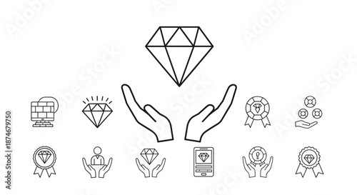 A collection of linear vector icons symbolizing value, protection, and achievement. Features include hands cradling a diamond, a firewall on a computer screen, shining diamonds, award ribbons with