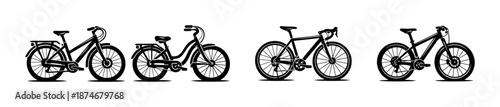 Bicycle vector icons set: vintage, urban, road, mountain bikes collection