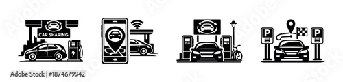 Car sharing vector icons set: transport, rental, and mobility illustrations