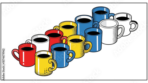 Pop art coffee mugs with bold colors and halftone patterns