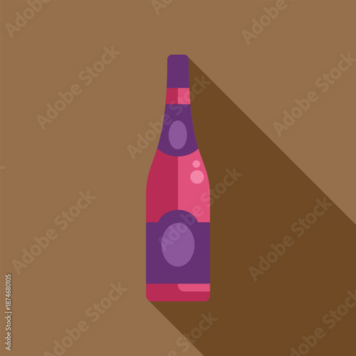 Flat design illustration of a pink sparkling wine bottle, featuring a purple label and cap, set against a brown backdrop with long shadow