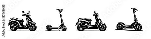 Scooters and motorcycles vector icons set: urban transport, eco-friendly, mobility