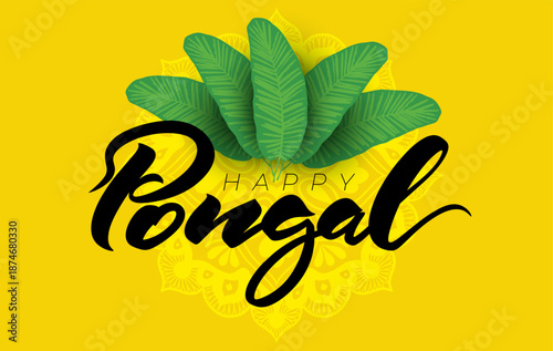 Happy Pongal typography vector. Festive South Indian harvest festival lettering design for greeting cards, posters, banners, invitations, cultural celebrations and seasonal holiday graphics on yellow.