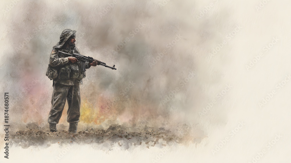 Obraz premium Vigilant soldier stands resolute amidst watercolor battlefield a symbolic representation of armed conflict