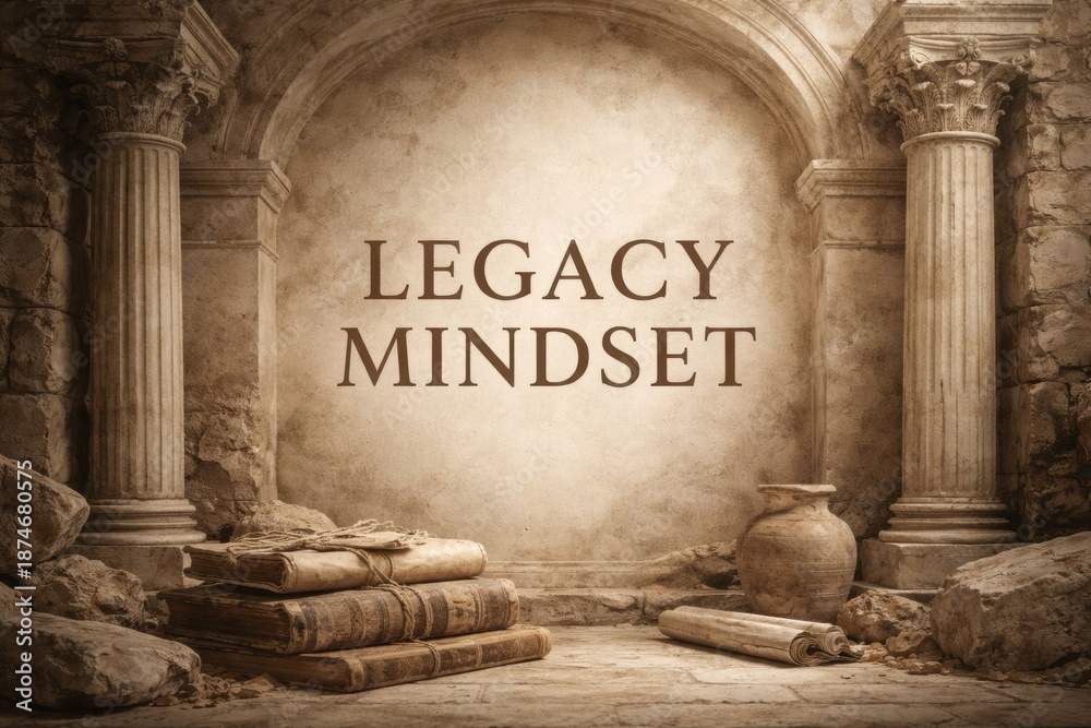 Fototapeta premium Ancient structure with broken columns and stacked books highlights the importance of legacy and mindset in personal growth.