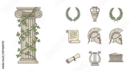 Ancient Greek column with ivy, laurel wreaths, amphora, helmets, scrolls, lyre, and temple facade. A collection of iconic symbols representing classical antiquity, history, and culture, presented as