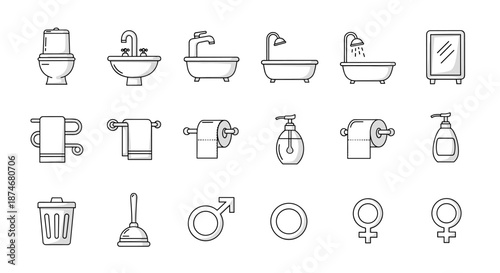 Bathroom and Toilet Line Icon Bundle: A comprehensive collection of outline signs for graphic and web design, apps, adverts, and various cards, featuring a clean vector cartoon illustration with a