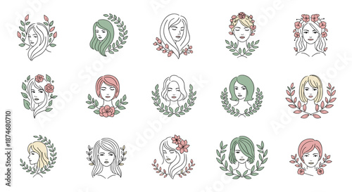 Set of 15 minimalist line art illustrations of diverse women's faces adorned with delicate floral elements and laurel wreaths, perfect for beauty, wellness, and feminine branding on a clean white