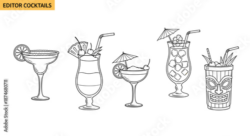 Collection of five outline vector illustrations of beach cocktails, perfect for infographics, articles, books, flyers, and banners, featuring a margarita with lime, a hurricane with pineapple and