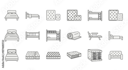 Collection of thin line icons representing beds, mattresses, and related sleep furniture, perfect for web, books, cards, and apps, presented as a vector cartoon illustration on a white background