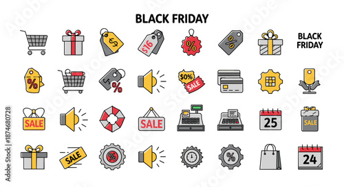 Black Friday Sale Social Media Template Vector Cartoon Illustration with a White Background, Ordered Set of Icons Including Shopping Cart, Gift Box, Price Tags, Percentage Signs, Sale Signs