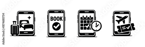 Travel booking vector icons set. mobile travel symbols. luggage, flight, reservation.
