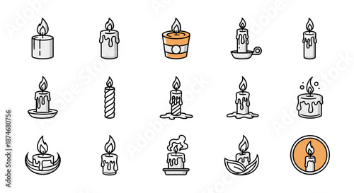 Set of 15 stylized vector cartoon illustrations of various candles, presented as line icons with a white background, featuring different shapes, holders, and melting wax details, perfect for logos