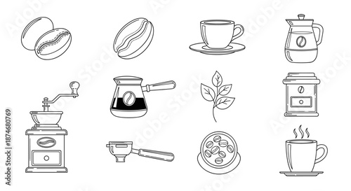A collection of minimalist line art icons representing various aspects of coffee culture, including coffee beans, a manual grinder, a cezve, a French press, a coffee cup, and a coffee plant sprig