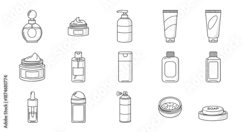 Collection of cosmetic bottles and containers, including perfume, cream jars, shampoo, gel, serum dropper, spray can, and soap, presented as clean line art icons suitable for graphic design, web