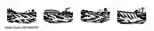Waterway structures vector icons set: bridges, dams, power stations in monochrome