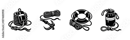 Lifesaving equipment vector icons set: buoy, lifebuoy, rope, hook collection