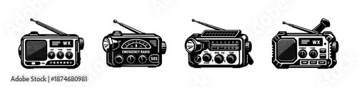 Vintage radios vector icons set: retro radio collection, emergency radio symbols
