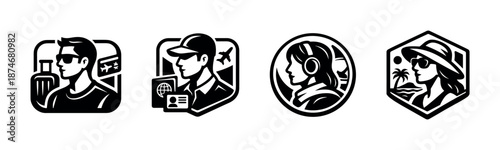 Travel vector icons set: tourists, passport, and vacation symbols in solid style