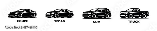 Car silhouettes vector icons set: coupe, sedan, suv, truck in flat style
