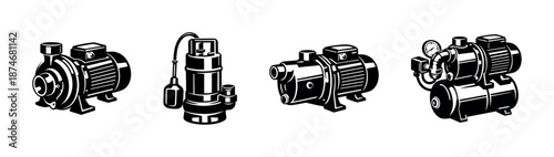 Pump vector icons set: water, industrial, motor, liquid flow equipment symbols