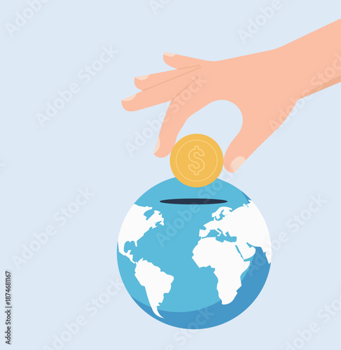 Hand putting dollar coin into earth globe piggy bank representing global investment and savings, Global Economy, International Banking, Environmental Investment, Worldwide Savings, Philanthropy