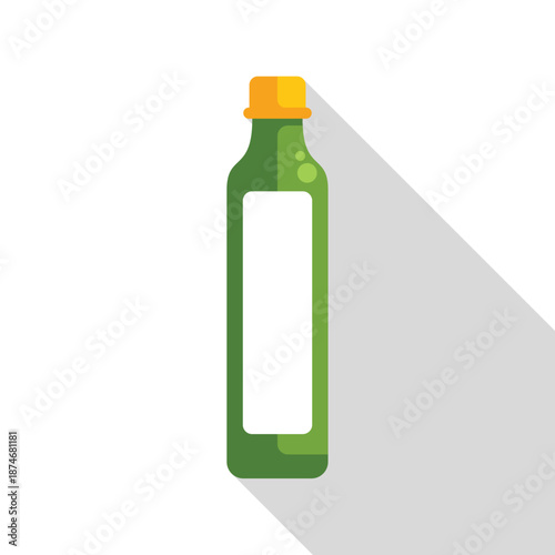 Green oil bottle with blank label and yellow cap casting a long shadow