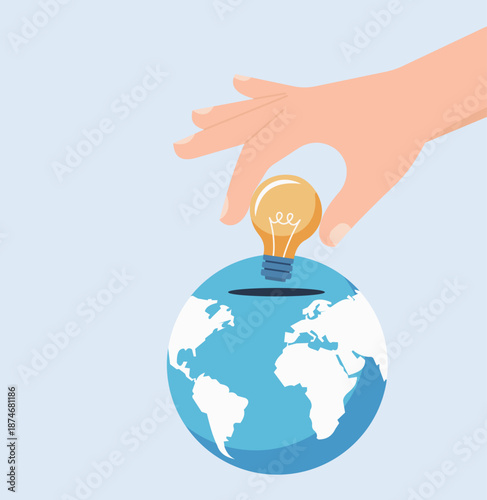 Hand putting lightbulb into earth globe slot representing global energy saving and ecological ideas, Global innovation, green energy solutions, investing in the future, worldwide creativity