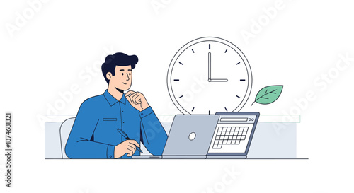Modern flat illustration of a focused male worker in a blue shirt, sitting at a desk with a laptop and pen, contemplating tasks beside a large clock and a green leaf, symbolizing productivity, time