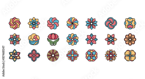 Set of 21 Abstract Geometric Flower Icons and Symbols in a Flat Design Style, Featuring Vibrant Colors and Clean Lines on a White Background, Perfect for Branding and Decorative Elements