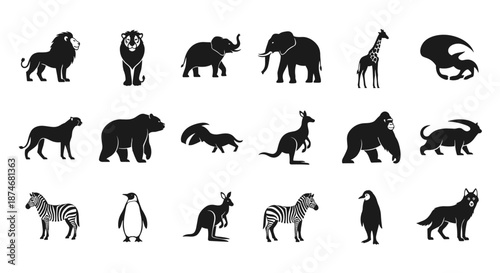 Collection of diverse animal silhouettes, including majestic lions, powerful elephants, graceful giraffes, strong gorillas, playful kangaroos, and striking zebras, all isolated on a clean white