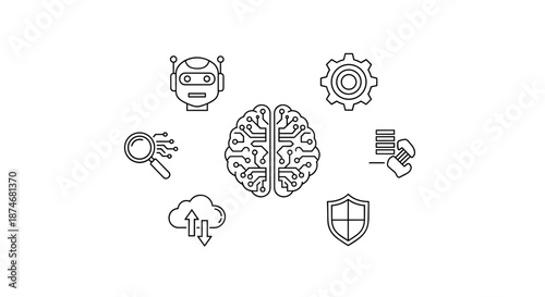 Artificial intelligence icon vector in a linear style, representing concepts for mobile and web design, featuring a brain, robot, gear, magnifying glass, cloud upload/download, and shield