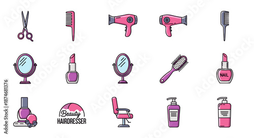 Set of beauty salon and hairdresser icons, including scissors, combs, hairdryers, mirrors, lipsticks, nail polish, brushes, shampoo bottles, and a barber chair, all in a vibrant cartoon style with a