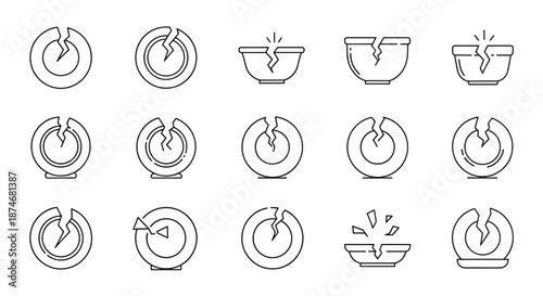 Set of broken plate and bowl outline icons, representing damage, fragility, and accidents. These linear vector graphics are perfect for web design, apps, adverts, and various cards, offering a clean