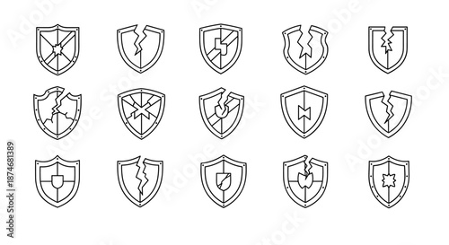 Collection of fifteen unique line art shield icons, featuring both intact and broken designs with various internal patterns, presented as outline vector graphics for versatile use in digital and
