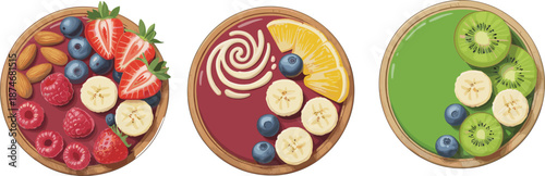 smoothie bowls with vibrant fruit toppings in wooden bowls, ideal for healthy food branding, nutrition visuals, and wellness lifestyle content