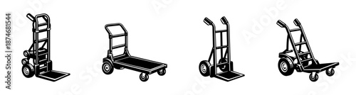 Hand truck and dolly vector icons set: trolleys, carts, movers essentials
