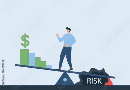 Businessman Balancing Financial Profit Growth Against Business Risk on Scale, Financial Risk Management, Investment Strategy Balance, ROI Versus Potential Loss, Corporate Decision Making