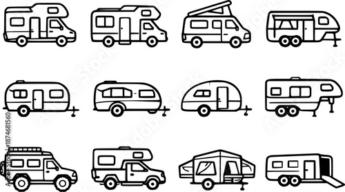 Set of icons camping car or trailer for camping in line style. Caravan icons in trendy line style.
