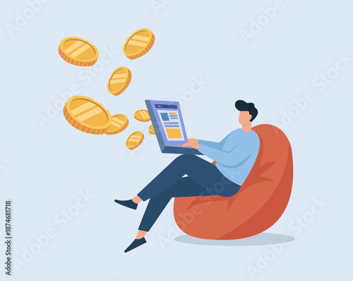 Freelancer Working on Laptop Earning Money Online on Beanbag Chair, Digital Nomad Lifestyle, Remote Work Income, Online Earning, Freelance Success, Passive Income Generation