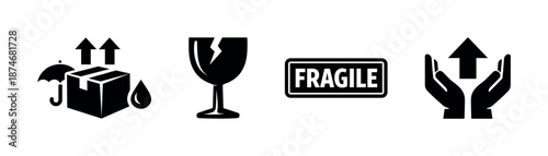 Fragile item handling vector icons set with packaging and care symbols