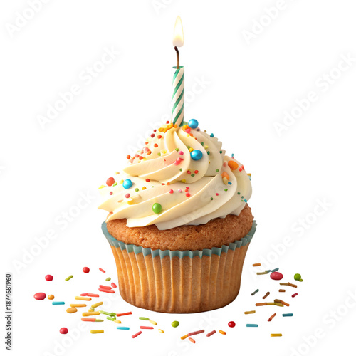 Delicious Birthday Cupcake with White Frosting, Colorful Sprinkles, and Lit Green and White Stripe Candle on Top on transparent background