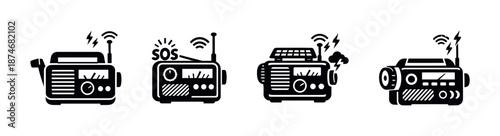 Emergency radio vector icons set, flat black symbols of communication devices