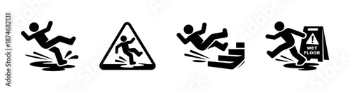 Safety hazards vector icons set: slip, fall, accident, warning symbols