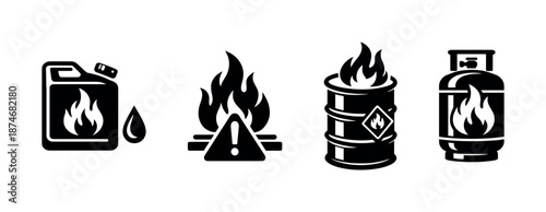 Hazardous materials vector icons set: fire, fuel, warning symbols