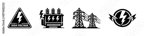 High voltage vector icons set for electrical safety, energy, utility, power design