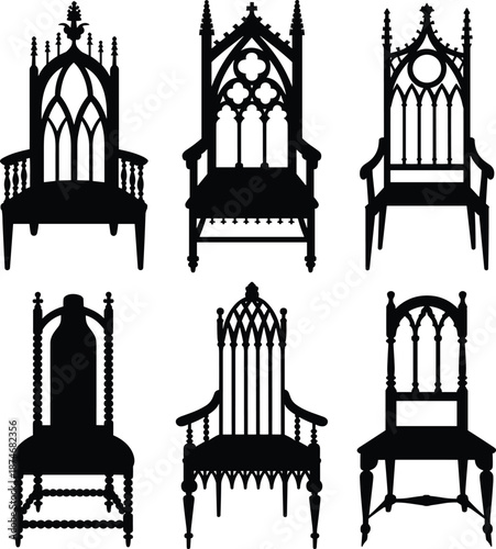 Gothic-style chair silhouettes with ornate architectural detailing for historical furniture design, interior decor, and visual art references