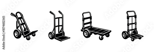 Hand truck vector icons set: dolly cart, trolley symbols, pushcart designs
