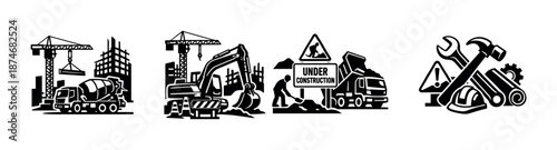 Construction equipment vector icons set: machinery, tools, building essentials