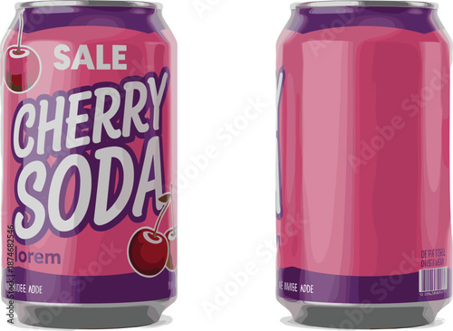 Cherry soda can packaging design with vibrant pink aluminum beverage label, refreshing soft drink branding mockup, sweet carbonated drink isolated on white background